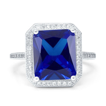 Halo Emerald Cut Engagement Ring Simulated Blue Sapphire CZ 925 Sterling Silver